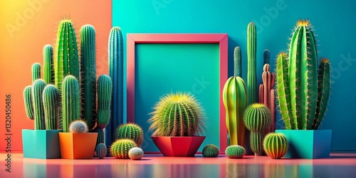 Abstract 3D Cactus Border: Nature Botany Graphic Poster Background for Web, PPT, Invitations & Prints