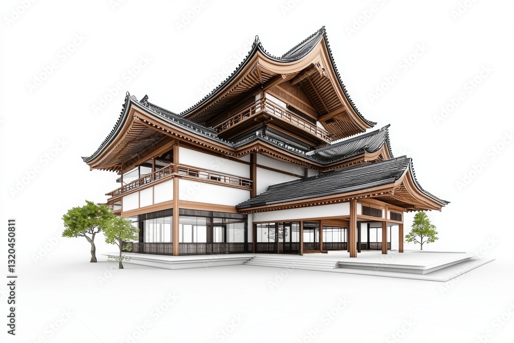 Obraz premium Traditional Japanese architecture featuring a beautifully designed wooden house