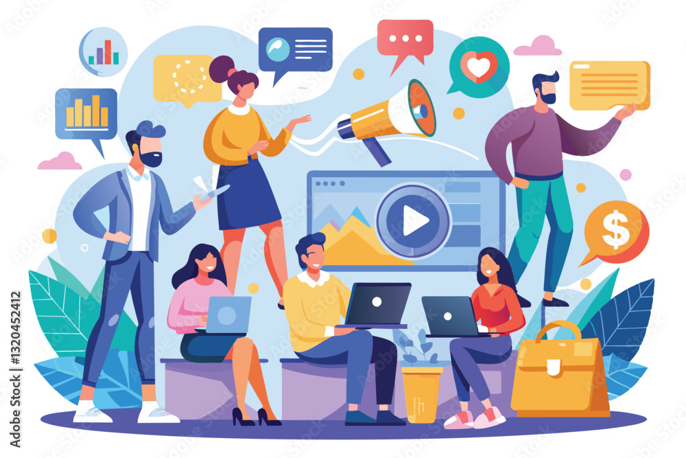 A diverse group brainstorms social marketing strategies using laptops and visuals in a lively office environment, Social marketing workers A diverse group brainstorms social marketing strategies using laptops and visuals in a lively office environment, Social marketing workers