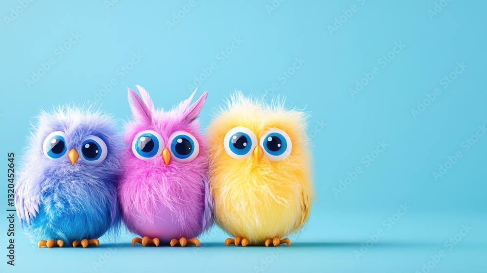 Colorful fluffy owls with big eyes on blue background. Easter, Pascha, Paskha, Ostern, Pascua, Paques - Orthodox and Catholic Holiday celebration Colorful fluffy owls with big eyes on blue background. Easter, Pascha, Paskha, Ostern, Pascua, Paques - Orthodox and Catholic Holiday celebration