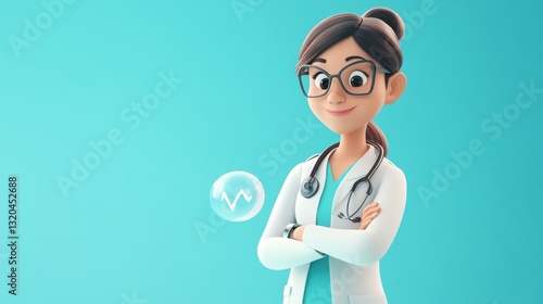 Cheerful female doctor character in cartoon style with medical icon on blue background for healthcare design
