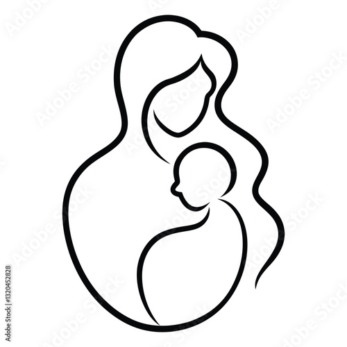 Loving mother holding baby line art vector illustration on white background
