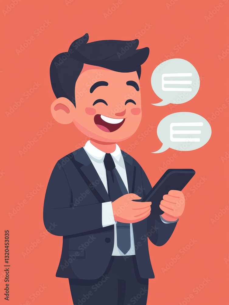 Simple cartoon of businessman typing message on phone. There is a voice talking from phone. Businessman looks happy. 2D vector illustration. Simple cartoon of businessman typing message on phone. There is a voice talking from phone. Businessman looks happy. 2D vector illustration.