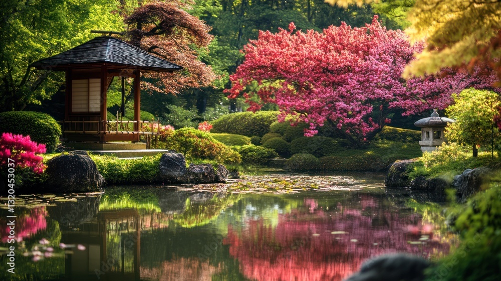 Obraz premium A beautiful Japanese garden featuring water trees and a pavilion