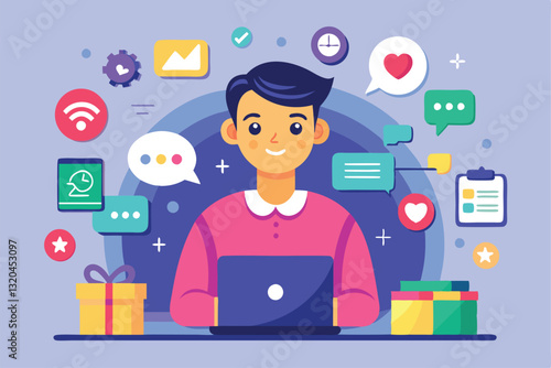 A young individual engages with social media tools while sitting at a desk, surrounded by digital icons, Social media Customizable Flat Illustration