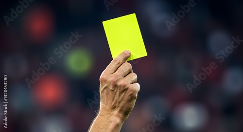 A soccer referee holds up a bright yellow card in a stadium setting. photo