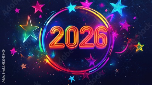 Colorful neon celebration with glowing stars and 2026 in bright lights. Happy New Year 2026