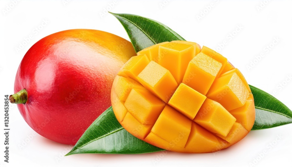 Fresh Organic Mango with Leaf: Isolated on White Background with Clipping Path Fresh Organic Mango with Leaf: Isolated on White Background with Clipping Path