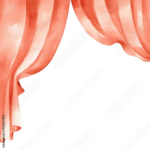 A soft, flowing curtain in warm coral color, partially draped, creating an elegant and inviting atmosphere.