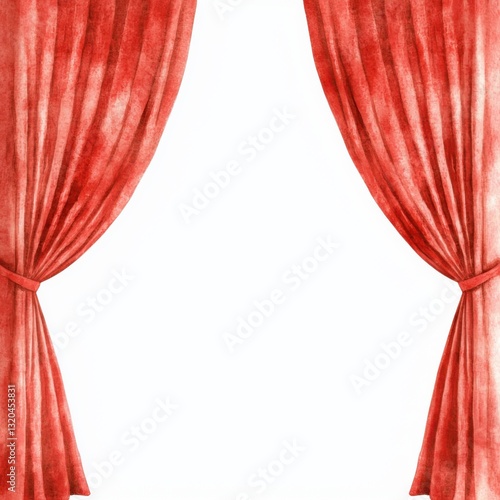 A pair of elegant red curtains tied back, creating a dramatic effect against a white background.