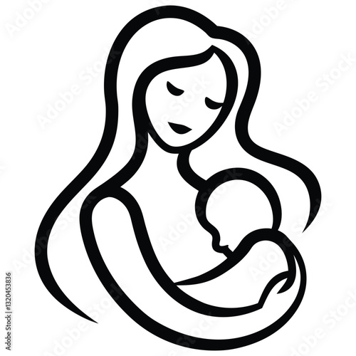 Loving mother holding baby line art vector illustration on white background