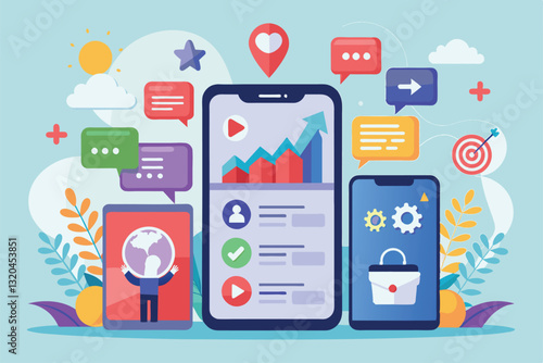 A mobile device showcases social media marketing tools, highlighting engagement and analytical features, Social media marketing mobile phone trending