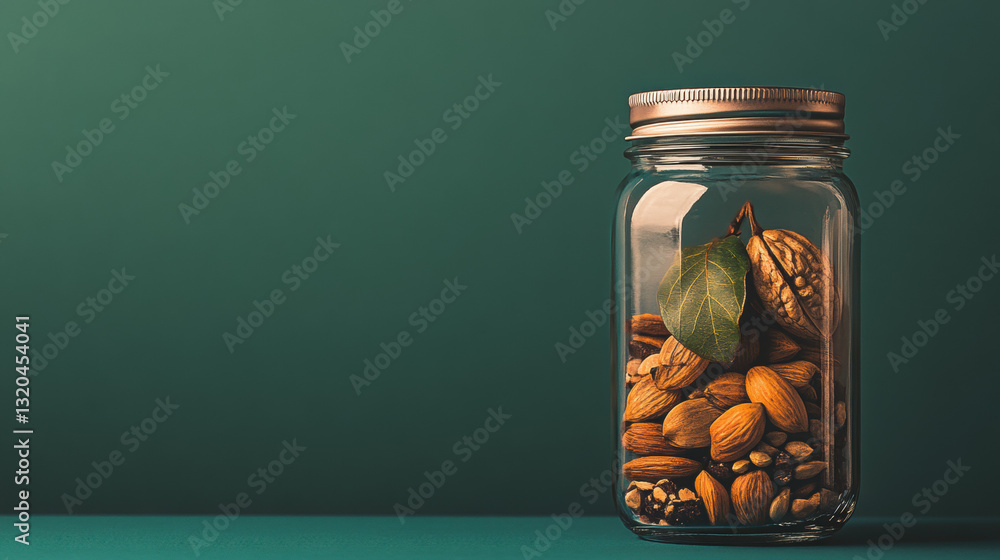 Glass jar filled with a variety of nuts showcasing crunchy, delicious snacks for any occasion Glass jar filled with a variety of nuts showcasing crunchy, delicious snacks for any occasion