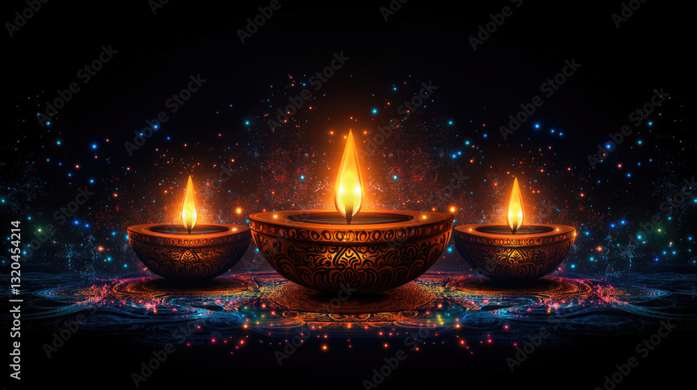 Festive diwali diyas illuminating colorful rangoli on starry night background. Diwali, Deepavali, Festival of Lights, Dipawali - Hindu Celebration, Indian Cultural Festival Festive diwali diyas illuminating colorful rangoli on starry night background. Diwali, Deepavali, Festival of Lights, Dipawali - Hindu Celebration, Indian Cultural Festival