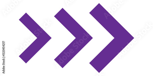 Purple chevron arrows. Repeated V-shaped stripes print. Motion, download, next to, look here, road caution, army insignia, military or navigation sign isolated on white background. Vector illustration