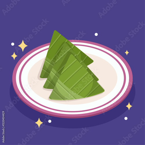 Flat design Indonesian snack kue lupis wrapped in banana leaf illustration