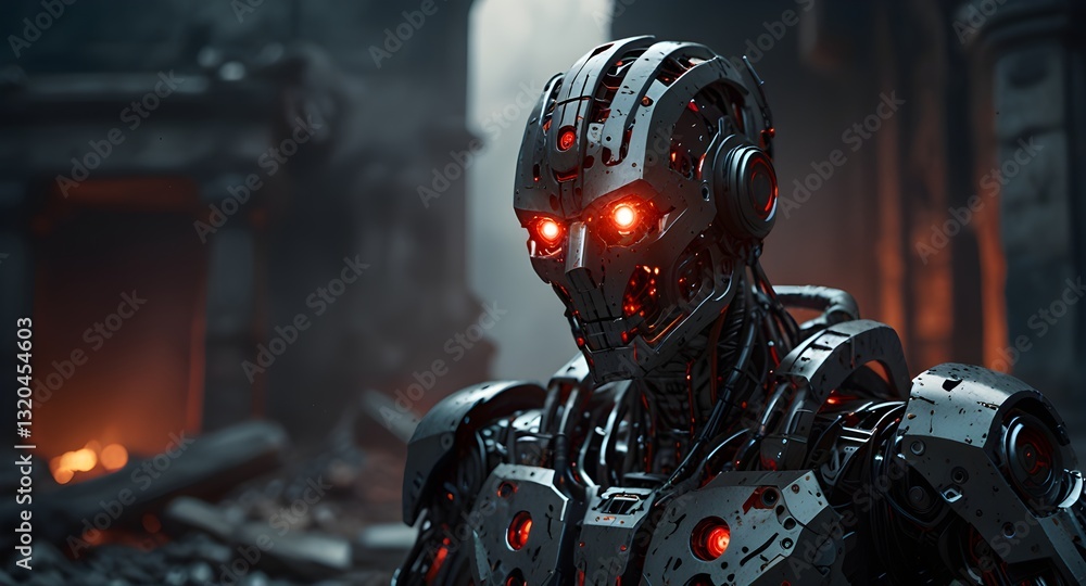 A robot with glowing red eyes is seen repairing an ancient structure, set against a dark background in a post-apocalyptic world. A robot with glowing red eyes is seen repairing an ancient structure, set against a dark background in a post-apocalyptic world.