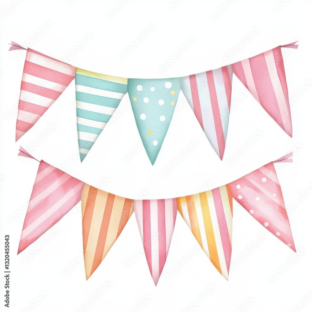 Fototapeta premium Colorful decorative bunting featuring striped and polka dot patterns in pastel shades, perfect for festive occasions.