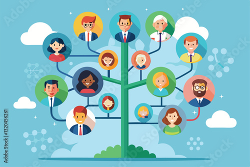 A colorful social tree displays various individuals connected by lines, highlighting relationships among them, Social tree Customizable Flat Illustration