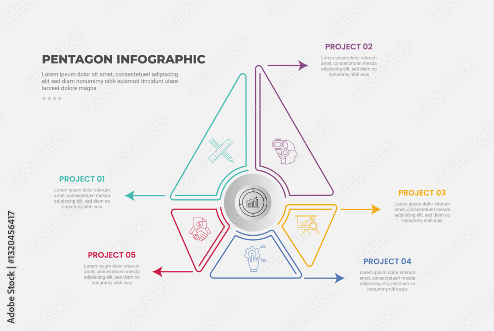 Fototapeta premium pentagon or pentagonal infographic outline style with 5 point template with big arrow top direction and arrows pointer for slide presentation
