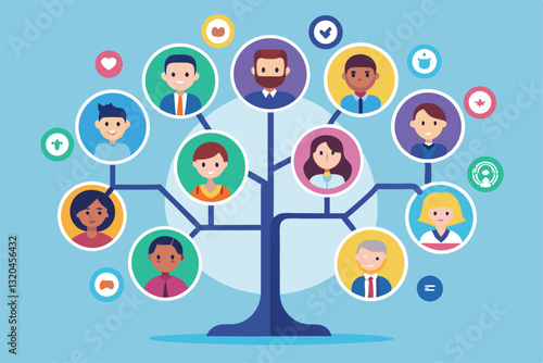 A colorful illustration showcases a customizable social tree featuring various characters and connections, Social tree Customizable Flat Illustration