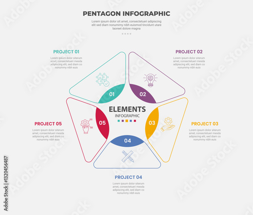pentagon or pentagonal infographic outline style with 5 point template with symmetric balance shape with circle centered for slide presentation