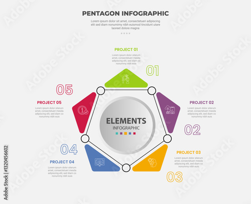 pentagon or pentagonal infographic outline style with 5 point template with triangle edge with circle line connected and circle center for slide presentation