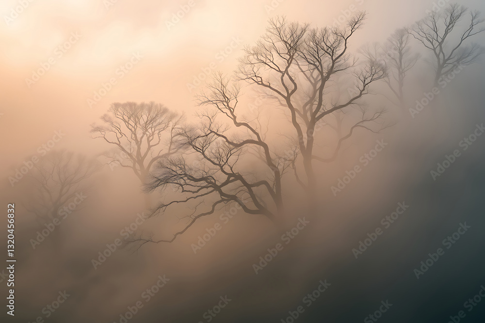 Obraz premium Dramatic fog-covered forest stock-image with towering trees disappearing into the mist, bathed in soft light, creating an eerie and mysterious atmosphere that captures the serene yet haunting 