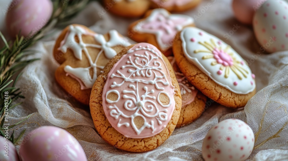 Decorated easter cookies with pink icing and pastel eggs on lace fabric. Easter, Pascha, Paskha, Ostern, Pascua, Paques - Orthodox and Catholic Holiday celebration Decorated easter cookies with pink icing and pastel eggs on lace fabric. Easter, Pascha, Paskha, Ostern, Pascua, Paques - Orthodox and Catholic Holiday celebration
