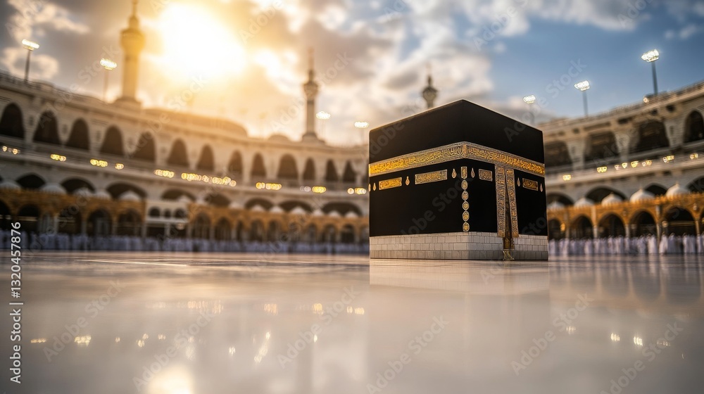 Fototapeta premium A bokeh photo of the Kaaba in Mecca, standing alone on a white marble square under the shining sun.