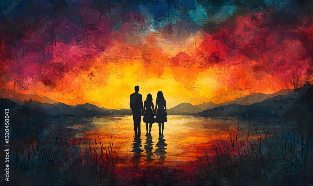 Fototapeta premium a family silhouette standing by a lake watching a vibrant sunset.