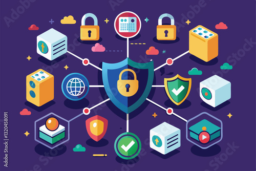 This illustration depicts secure sockets, data protection icons, and network security measures visually connected, sockets maintain security and privacy