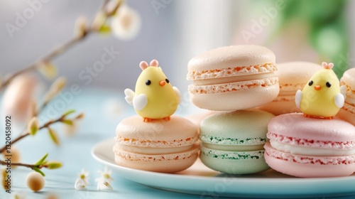 Colorful spring macarons with cute chick decorations on a plate. Easter, Pascha, Paskha, Ostern, Pascua, Paques - Orthodox and Catholic Holiday celebration photo