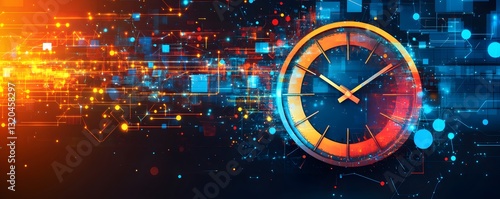 a clock against a technological background.