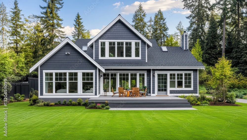 Modern gray house with large windows and deck surrounded by lush greenery in a peaceful neighborhood setting under clear blue sky Modern gray house with large windows and deck surrounded by lush greenery in a peaceful neighborhood setting under clear blue sky
