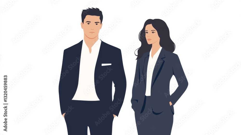 Professional business attire concept featuring confident man and woman in formal suits Professional business attire concept featuring confident man and woman in formal suits
