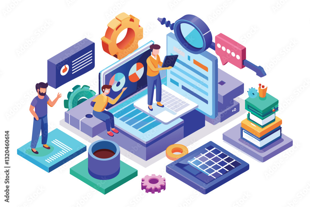 Obraz premium A vibrant isometric illustration depicts software code testing involving various tools and activities by professionals, Software code testing Customizable Isometric Illustration