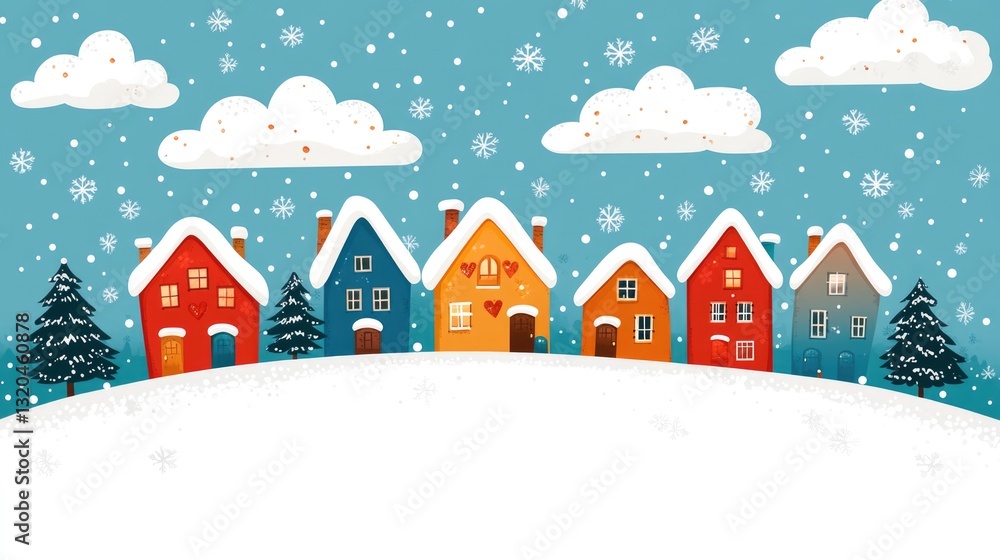 Snowy winter village with colorful houses and pine trees under cloudy sky. Merry Christmas, Nativity, Xmas, Noel, Navidad - Global Winter Holiday, Christian Religious Celebration. Happy New Year Snowy winter village with colorful houses and pine trees under cloudy sky. Merry Christmas, Nativity, Xmas, Noel, Navidad - Global Winter Holiday, Christian Religious Celebration. Happy New Year