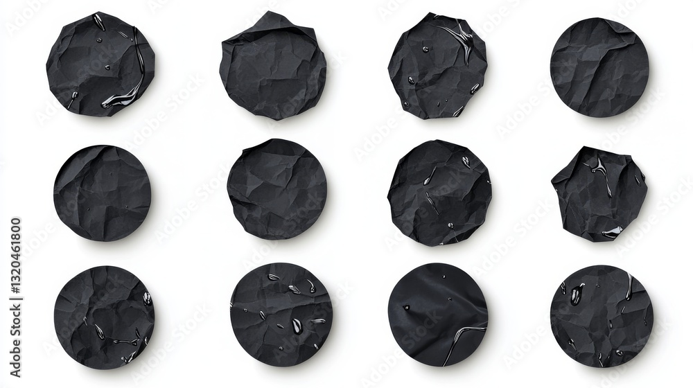 Naklejka premium Collection of crumpled black circles with glossy water droplets for creative design