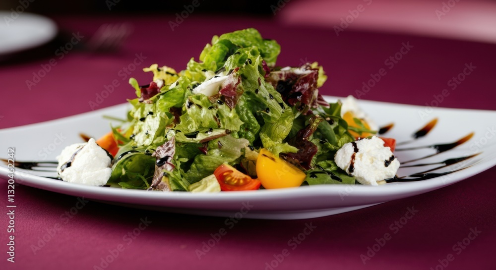 Fresh garden salad with mixed greens, tomatoes, and goat cheese on a plate Fresh garden salad with mixed greens, tomatoes, and goat cheese on a plate