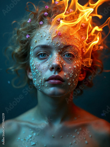 A woman with curly blonde hair has her face half-covered in white dots and flowers, while the other half is on fire, against a dark background. 