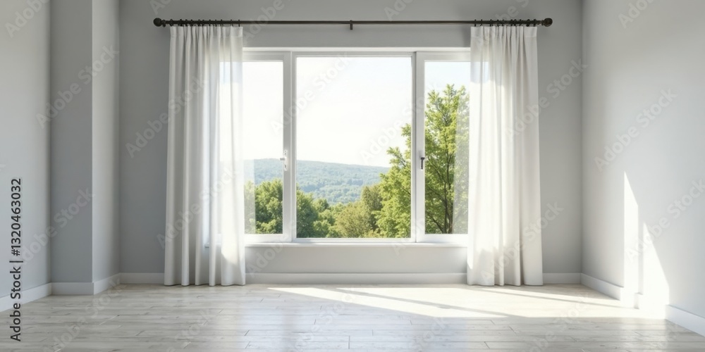 Bright, airy room with large window showcasing scenic view and light hardwood floor Bright, airy room with large window showcasing scenic view and light hardwood floor
