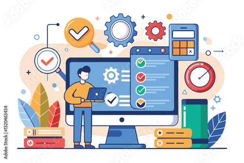 A software tester personalizes testing workflows while analyzing performance metrics in a tech environment, Software tester Customizable Disproportionate Illustration