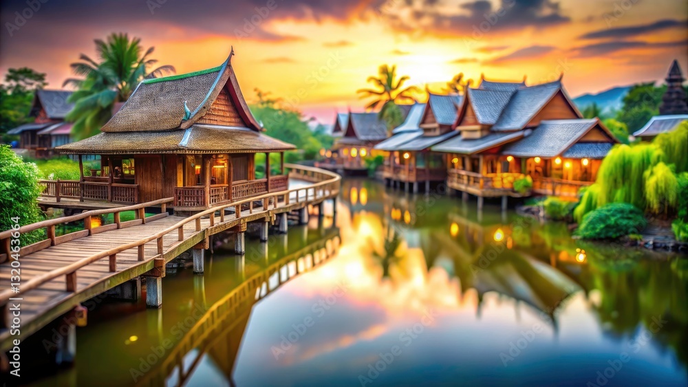 Naklejka premium Tilt-Shift Thailand: Peaceful Ancient City Floating Village, Wooden House, Bridge, Asian Architecture