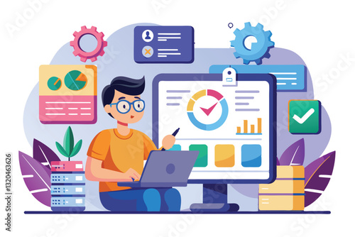 Wallpaper Mural A software tester analyzes data on a computer while surrounded by various graphical elements and tools, Software tester Customizable Disproportionate Illustration Torontodigital.ca