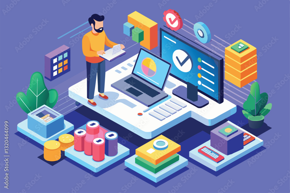 A software tester analyzes data while managing tasks in a vibrant, customizable isometric workspace, Software tester Customizable Isometric Illustration A software tester analyzes data while managing tasks in a vibrant, customizable isometric workspace, Software tester Customizable Isometric Illustration