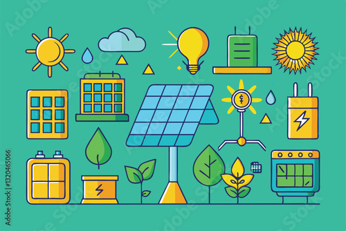 A collection of outline icons illustrating solar panels, batteries, light bulbs, and nature elements related to energy, Solar panel outline icon set,