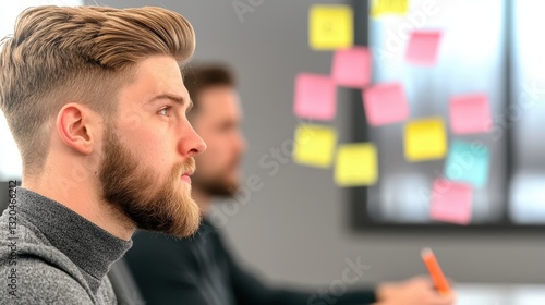 Team members using sticky notes and a whiteboard to brainstorm ideas, visualizing their thoughts and concepts.