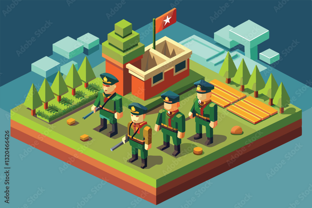 A group of customizable soldiers stands in an outdoor setting with trees and a building, ready for action, Soldiers Customizable Isometric Illustration A group of customizable soldiers stands in an outdoor setting with trees and a building, ready for action, Soldiers Customizable Isometric Illustration