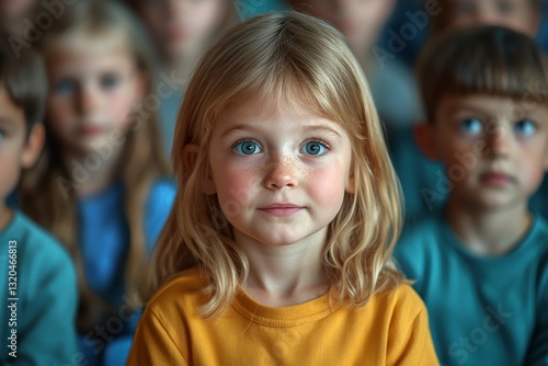 A classroom setting displays a diverse group of young students engaged in a thoughtful discussion The focal point is a blonde-haired girl with striking blue eyes, radiating curiosity and